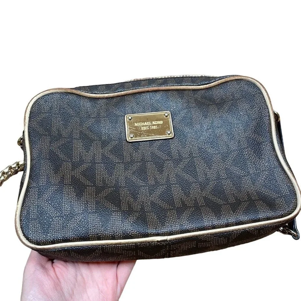 Michael Kors Brown Logo Saffiano Leather Gold Chain Jet Set‎ Small Crossbody